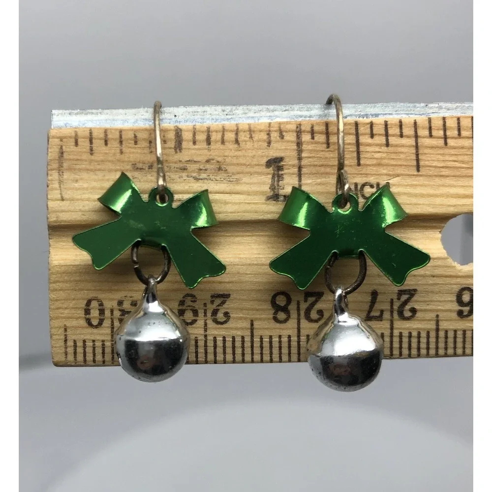 CHRISTMAS SILVER JINGLE BELLS, GREEN BOW FISH‎ HOOK BACK EARRINGS-SIZE SMALL